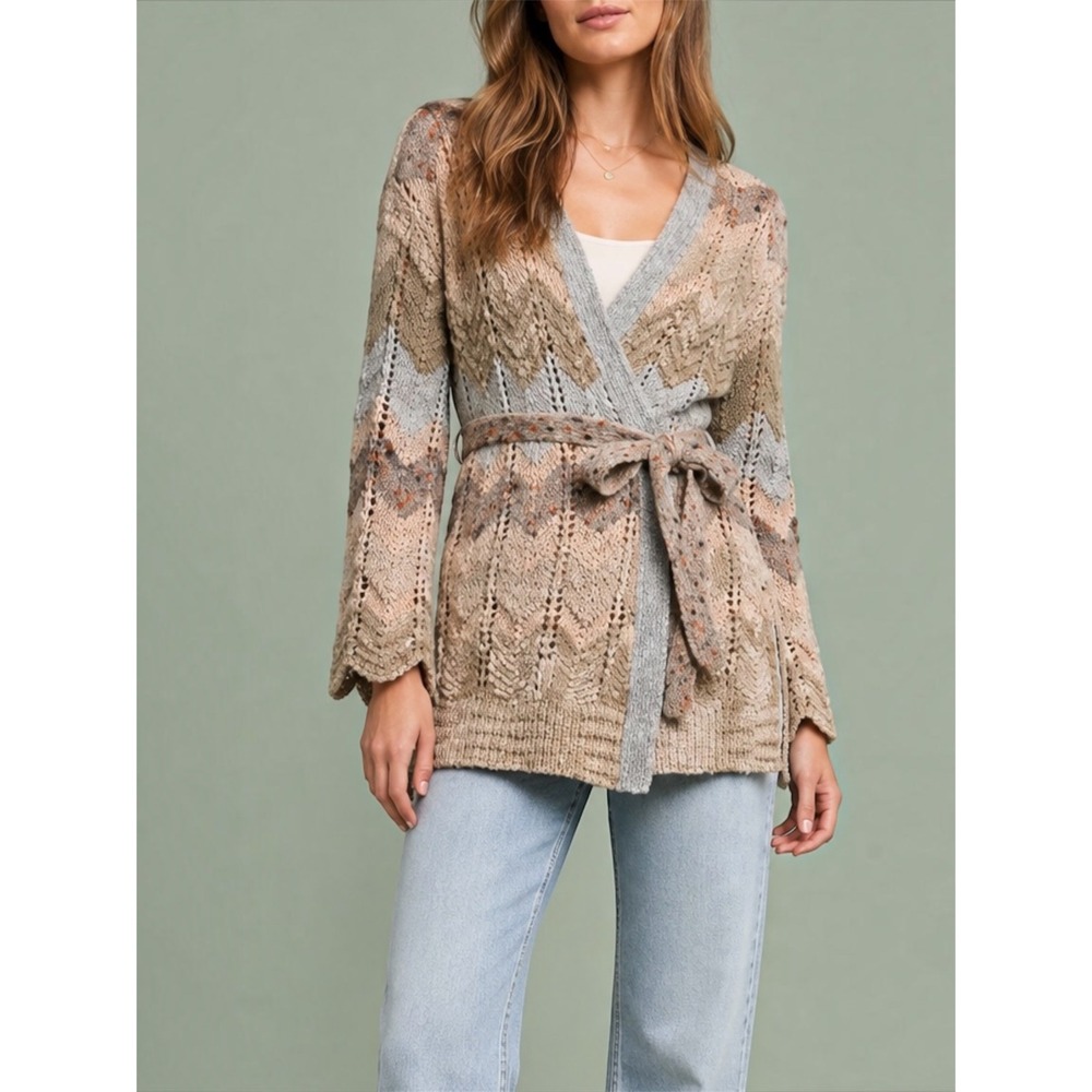 MEADOW RUE x ANTHROPOLOGIE Chevron Alpaca Wool Belted Cardigan Sweater